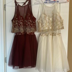 Burgdany and gold cocktail dress size 3. White and gold cocktail dres size 5/6.